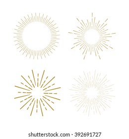 Retro Sun Burst Shapes. Vintage Starburst Logo, Labels, Badges. Sunburst Minimal Logo Frames. Vector Firework Design Elements Isolated. Sun Burst Light Logo. Minimal Vintage Gold Firework Burst. 