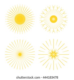 Retro Sun burst shapes. Vintage logo, labels, badges. Vector firework design elements isolated. Minimal vintage gold firework burst.