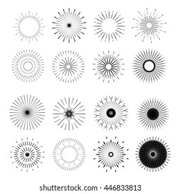 Retro Sun burst shapes. Vintage logo, labels, badges. Vector design elements isolated. Minimal black firework burst.