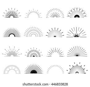Retro Sun burst shapes. Vintage logo, labels, badges. Vector design elements isolated. Minimal black firework burst.