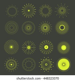 Retro Sun burst shapes. Vintage logo, labels, badges. Vector design elements isolated. Minimal gold firework burst.