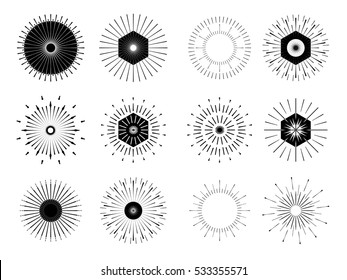 Retro Sun burst shapes. Vintage logo, labels, badges. Vector design elements isolated. Minimal Black firework burst.