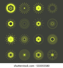 Retro Sun burst shapes. Vintage logo, labels, badges. Vector design elements isolated. Minimal Gold firework burst.