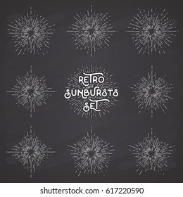 Retro sun bursts set, Vintage radiant sun rays shapes collection for logo, labels or emblems and typography decoration template vector Illustration on chalkboard background