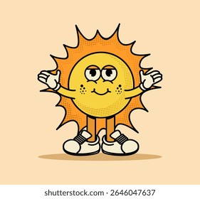 Retro sun cartoon character illustration. Cute and cheerful mascot design in vintage style