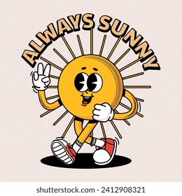 Retro sun character. Comic positive groovy sunny mascot. Funny print with walking yellow sun and lettering for poster, banner. Trendy sticker, vector illustration. Summer shining face