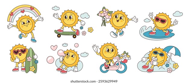 Retro sun character. Funny groovy mascot with faces, feet and hands, different poses and actions, summer weather phenomenon, cartoon flat style isolated hippy character garish vector set