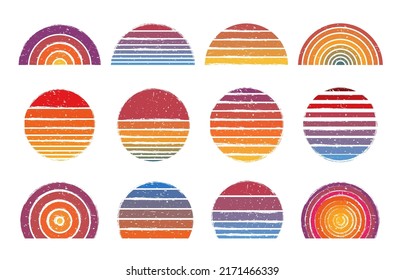 Retro sun circles. Vintage striped sunset and retro sunrise gradient lines with grunge texture vector set. Illustration of striped circle sunrise