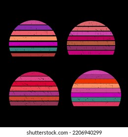Retro sun circles. Vintage striped sunset and retro sunrise gradient lines with grunge texture vector set