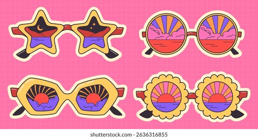 Retro sun glasses sticker designs on pink background - star shaped frames with seascape lens, round sunset reflection eyewear, hexagon sun in cloud spectacles, flower style sunglasses with beach scene