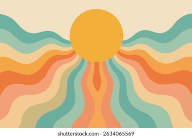 Retro sun illustration with a cream background. The image features a vibrant sun and colorful waves.