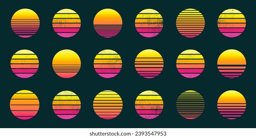 Retro sun logotype collection. Sunset retro logo banners templates. Sun retro badge and emblem. Regular and distressed retro sunset set