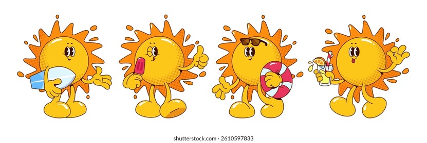 Retro sun mascot character in various poses - cheerful round face expression with sunglasses and inflatable ring, holding ice cream and cocktail in glass, with surf board. Vintage summer emoticon.