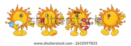 Retro sun mascot character in various poses - cheerful round face expression with sunglasses and inflatable ring, holding ice cream and cocktail in glass, with surf board. Vintage summer emoticon.