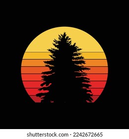Retro Sun Minimalist Pine Tree Design funny t-shirt design