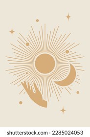 Retro sun and moon with hand printed wall art. Tarot card minimalist vector illustration.