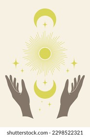 Retro sun and moon with hands print illustration. Tarot card