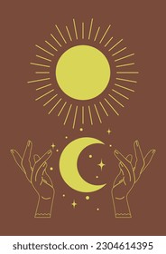 Retro sun and moon with hands print illustration. Tarot card minimalist vector art.