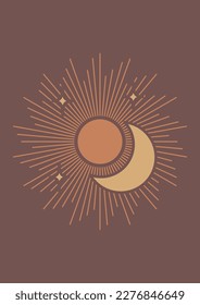 Retro sun and moon print boho minimalist wall art. Tarot card minimalist vector illustration.
