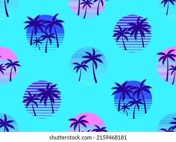 Retro sun with palm trees 80s style seamless pattern. Palm trees at sunset. Design colorful tropical pattern for banner, poster and promotional item. Vector illustration