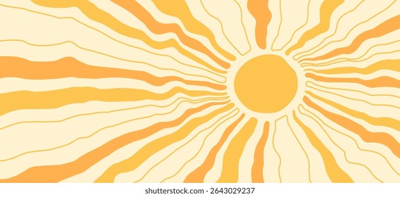 Retro sun pattern, groovy summer ray background, burst sunshine wave line and flat art, abstract texture 70s, radial vintage sunburst, cartoon yellow and orange beam geometric bg. Vector illustration