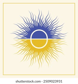 Retro sun print boho minimalist printable square art. Ukraine sunrise. Ukrainian sun element in yellow and blue