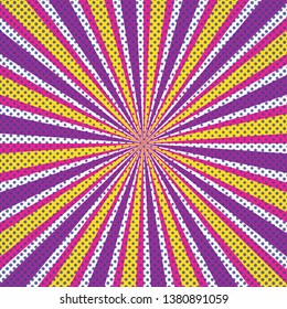Retro sun rays background purple, orange, yellow, white rays stripes with comic style dots. Comic style background dont and sunrays vector eps10.