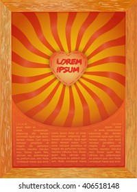 Retro sun rays of red, yellow and orange are placed in an old wooden frame. In the center of the picture taken by the heart to the test. The bottom picture is allocated space for your text .