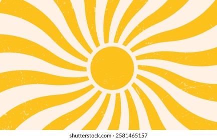 Retro sun rays sunburst abstract yellow background vintage wavy swirl sunrise grunge rough texture pattern radial spiral stripes groovy sunshine beam distressed circus carnival vector illustration.
