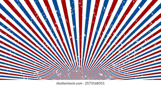 Retro sun rays with Usa colors background. Cartoon sunlight backdrop with grunge. 4th of July, American Independence Day. Vector background with stripes.