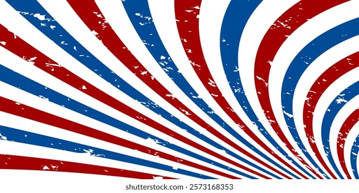 Retro sun rays with Usa colors background. Cartoon sunlight backdrop with grunge. 4th of July, American Independence Day. Vector background with stripes.