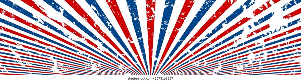 Retro sun rays with Usa colors background. Cartoon sunlight backdrop with grunge. 4th of July, American Independence Day. Vector background with stripes.