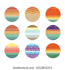 Retro Sun Set Badge, Vintage Colorful Striped For Badge Design, T shirt Design, Summer Vintage Design, Logo Design, Vintage Color Palette With Grunge Texture