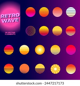 Retro sun. Retro sun set. Vintage sunsets in 80s-90s style.