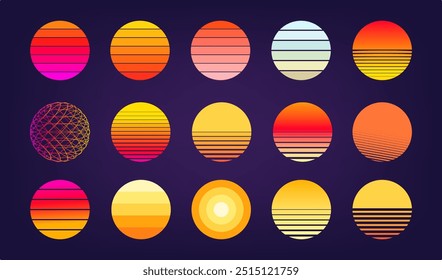 Retro sun set.  Set of vintage sunsets in 80s-90s style.