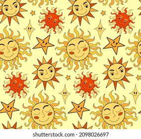 Retro sun smiley face seamless pattern. Hippie groovy repeating texture. Mystical boho sun background. Vector illustration