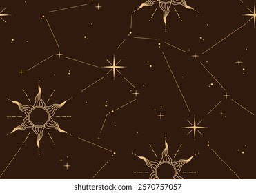 Retro sun and stars seamless pattern on dark brown background. Vector illustration