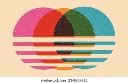 Retro sun sunset with riso print effect. Graphic element for flyer, wallpaper, poster. Graphic element. Vintage decoration of 70s 80s, 90s. Aesthetics of the risograph. Vaporwave style