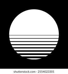 Retro sun sunset in style of 80s, 90s. White sun with striped gradient lines isolated on black. Abstract vintage futuristic vector illustration for cyberpunk, disco, music party, games.