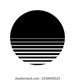 Retro sun sunset in style of 80s, 90s. Black sun with striped gradient lines isolated on white. Abstract vintage futuristic vector illustration for cyberpunk, disco, music party, games.