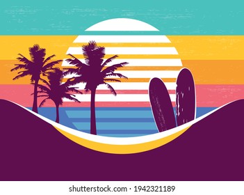 Retro sun in surfing style. Beach, sea, surfboards and sun in retro style