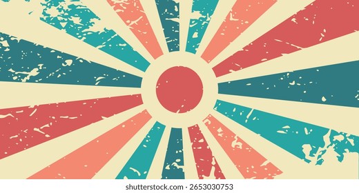 Fundo de explosão solar retrô. 70s velho colorido radiate banner linhas. Vintage listrado pano de fundo com um sol. Cartaz ou cartaz brilhante. Elemento de papel de parede de design gráfico. Ilustração vetorial