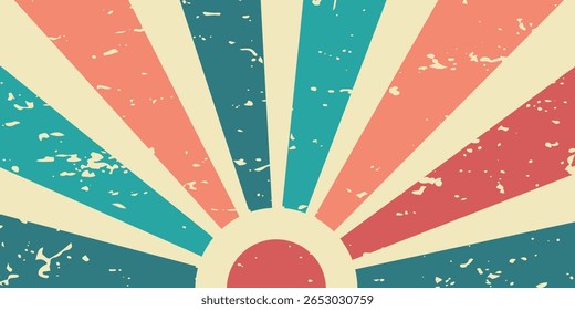 Fundo de explosão solar retrô. 70s velho colorido radiate banner linhas. Vintage listrado pano de fundo com um sol. Cartaz ou cartaz brilhante. Elemento de papel de parede de design gráfico. Ilustração vetorial