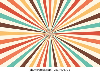 Retro Sunburst Background with Colorful Rays. Vintage Style Radial Stripes Background. 70s Inspired Starburst Pattern Vector. Colorful Retro Concentric Lines.
Radial Rays Background in Vintage Palette