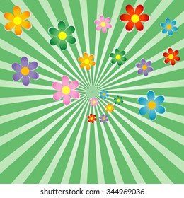 Retro sunburst background with flowers