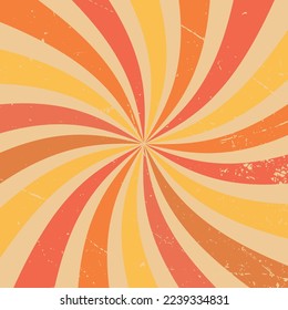Retro sunburst background pattern with a vintage color palette of yellow, orange and red in a spiral or swirled radial striped design. Faded paper effect