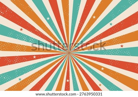 Retro Sunburst Background with Stars and Halftone Texture