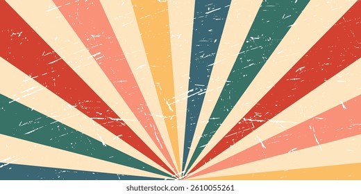Retro sunburst background with a vintage grunge texture. Colorful radial rays in teal , red, and beige create a dynamic, psychedelic feel. Perfect for posters, music flyers, or retro designs