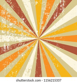 retro sunburst background in warm autumn colors of red orange yellow and beige with grunge texture and old rusted and distressed design, vector starburst backdrop