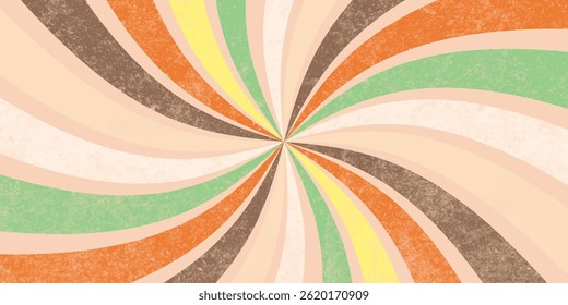 Retro sunburst background with wavy radial lines warm vintage colors like orange, cream, yellow,and beige on a white base, 1970s psychedelic style,clean vector grunge look,centered burst flat design